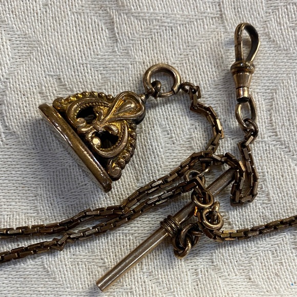 Jewelry - Antique Pocket Watch Chain with Tie Bar and Fob
